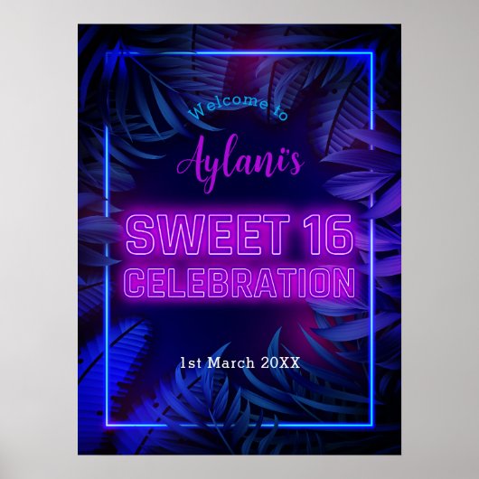Poster Fun Sweet 16 Neon Glow Anniversaire Bienvenue (Devant)