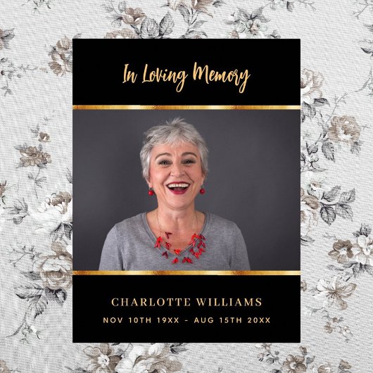 Poster funérailles noir or photo souvenir bienvenue