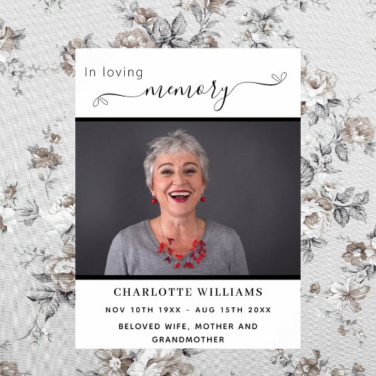 Poster Funérailles photo mémorial blanc noir coeurs bienv