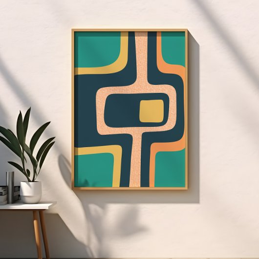 Poster Funky Abstrait Milieu de Siècle Sarcelle, Jaune, O
