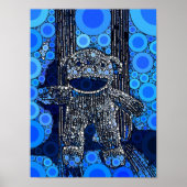 Poster Funky Blue Sock Monkey Circles Bubbles Pop Art (Devant)