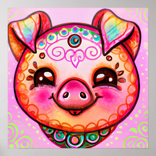 Poster Funky Boho Cochon ferme portrait animal art (Devant)