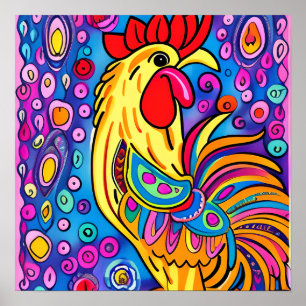 Poster Funky Boho Rooster Farm Animal Portrait Art