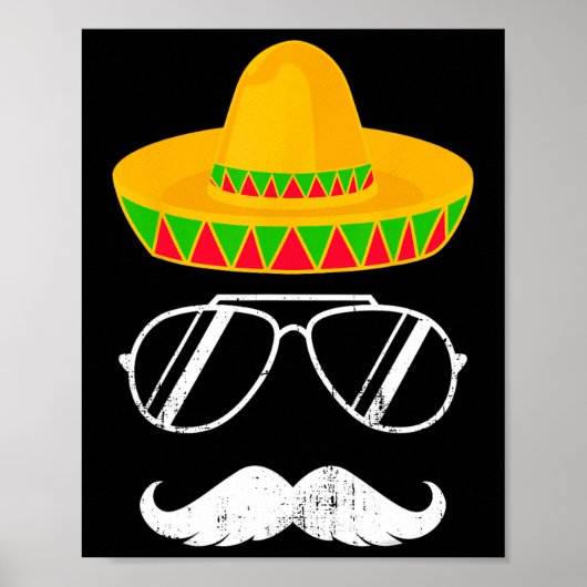 Poster Funky Mexicain Sombrero Moustache Face Pour Cinco (Devant)