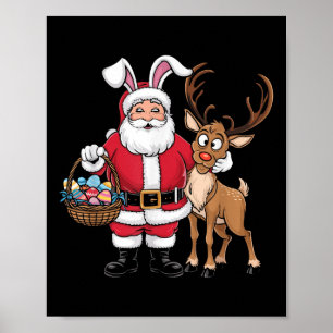 Poster Funky Pâques Père Noël Avec Oreilles De Lapin Et O