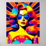 Poster Funky Retro Pop Art Mode<br><div class="desc">Revenez à l'époque de la paix, de l'amour et du pouvoir fleuri avec cette création pop art étonnante. Une fille psychédélique captivante, portant une paire de lunettes de soleil branchées, brille sur un fond d'étoiles et de rayures emblématiques. Avec ses couleurs audacieuses, son ambiance rétro super et son design pop...</div>