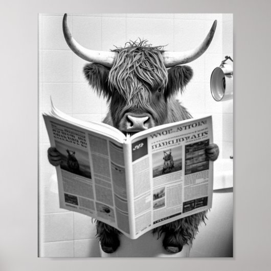 Poster Funky Scottish Highland Cow in Bathroom Wall Art (Devant)