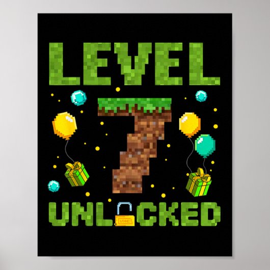Poster Funny 7th Birthday Boy Gamer Level 7 Unlocked Pixe (Devant)
