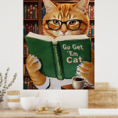 Poster Funny Adorable Reading Cat Art Coffee Tabby Cat (Cuisine)