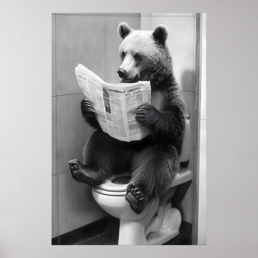 Poster Funny Bear Bathroom Print, Toilet Newspaper (Devant)