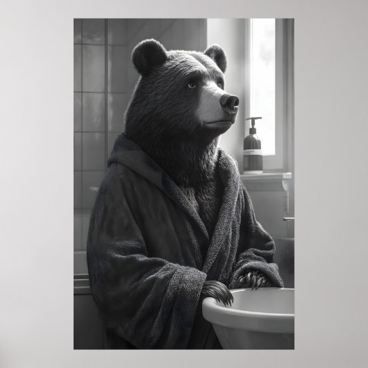 Poster Funny Bear in Bathrobe Print, Quirky Bathroom (Devant)
