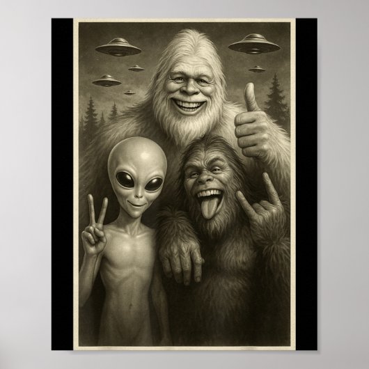 Poster Funny Bigfoot, Alien, &amp; Yeti Sasquatch Rock On (Devant)