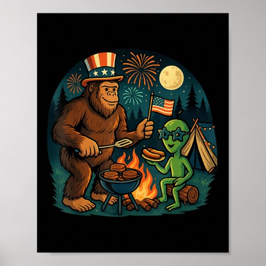 Poster Funny Bigfoot Alien Bbq Campfire 4 juillet Ameri (Devant)