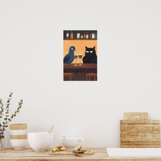 Poster Funny Black Cat and Bird (Cuisine)