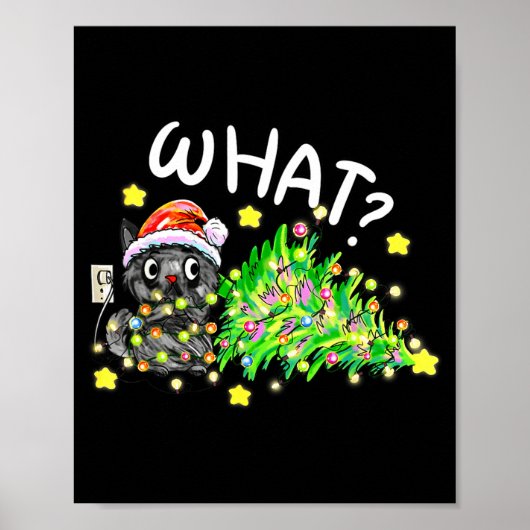 Poster Funny Black Cat Gift Pushing Christmas Tree Over C (Devant)