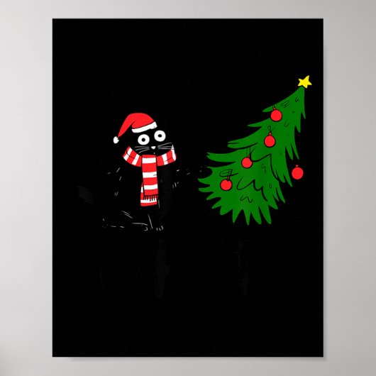 Poster Funny Black Cat Gift Pushing Christmas Tree Over C (Devant)