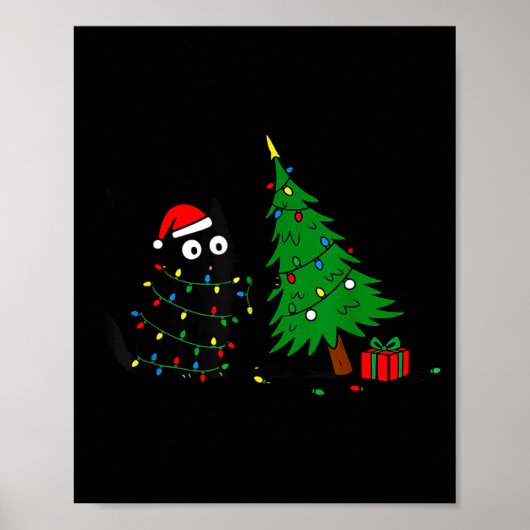 Poster Funny Black Cat Pushing 67 Christmas Tree Over Cat (Devant)