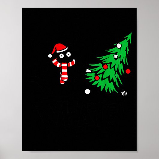 Poster Funny Black Cat Pushing Christmas Tree Over Cat Wh (Devant)