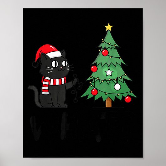 Poster Funny Black Cat Pushing Christmas Tree Over Cat Wh (Devant)