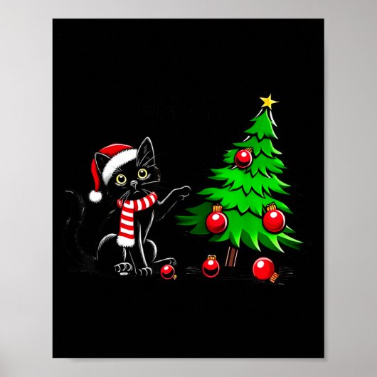Poster Funny Black Cat Pushing Christmas Tree Over Cat Wh (Devant)