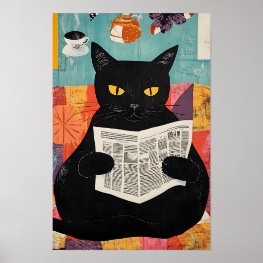 Poster Funny Black cat Reading Newspaper (Devant)