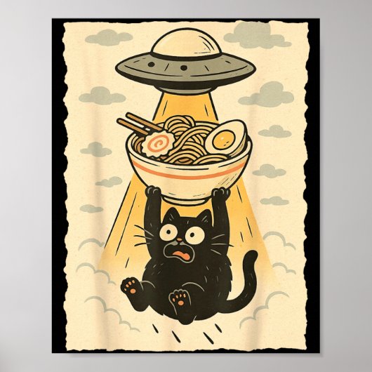 Poster Funny Black Cat Ufo Ramen Alien Abduction Graphic  (Devant)