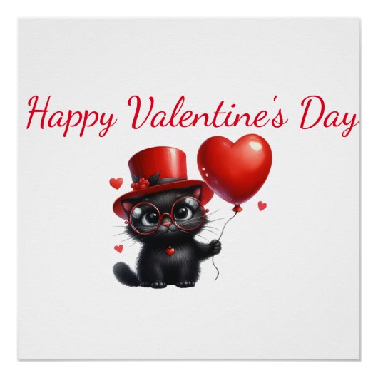 Poster Funny Black Cat With Balloons Valentine's Day (Devant)