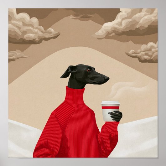 Poster Funny Black Greyhound in Red Sweater Coffee Art (Devant)
