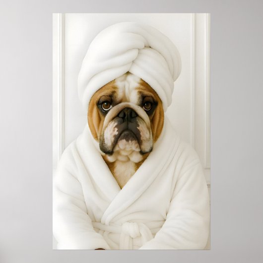 Poster Funny Bulldog Bathroom Print, Bulldog In Bathrobe (Devant)