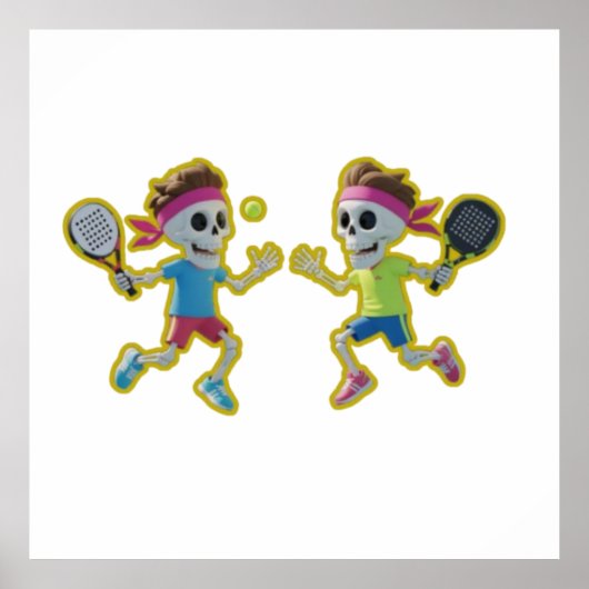 Poster Funny Cartoon Skeletons Playing Padel Tennis – 3D (Devant)