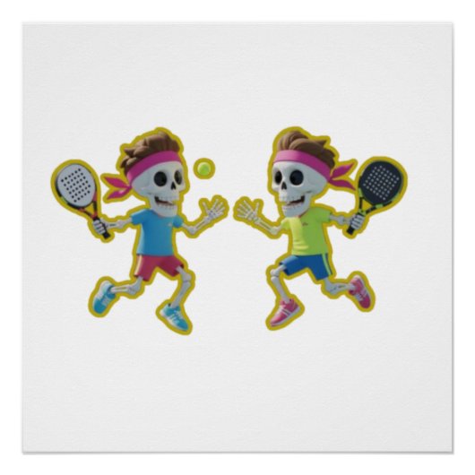 Poster Funny Cartoon Skeletons Playing Padel Tennis – 3D  (Devant)