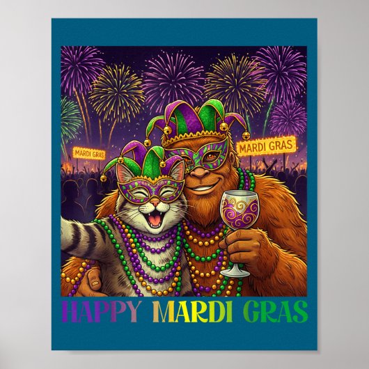 Poster Funny Cat Bigfoot Selfie Mardi Gras Carnival Party (Devant)