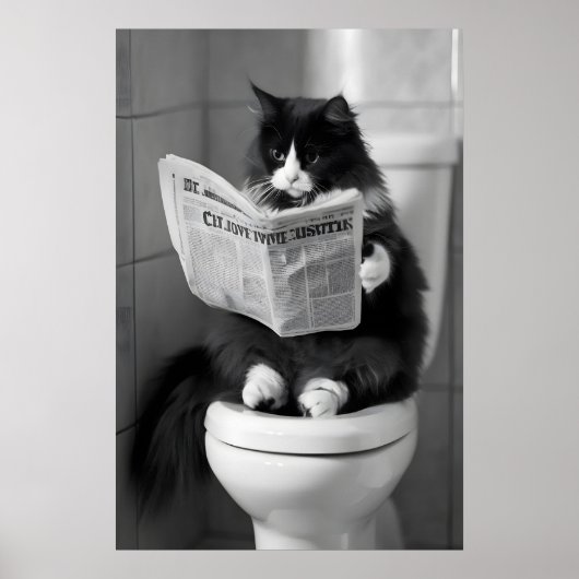 Poster Funny Cat Newspaper Print, Whimsical Bathroom Wall (Devant)