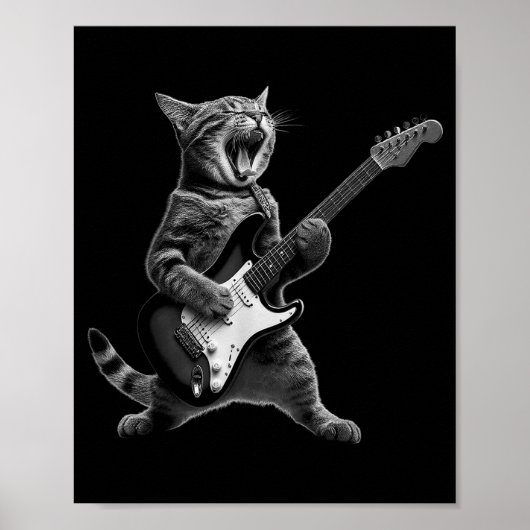 Poster Funny Cat Playing Guitar Rock And Roll Men Women K (Devant)