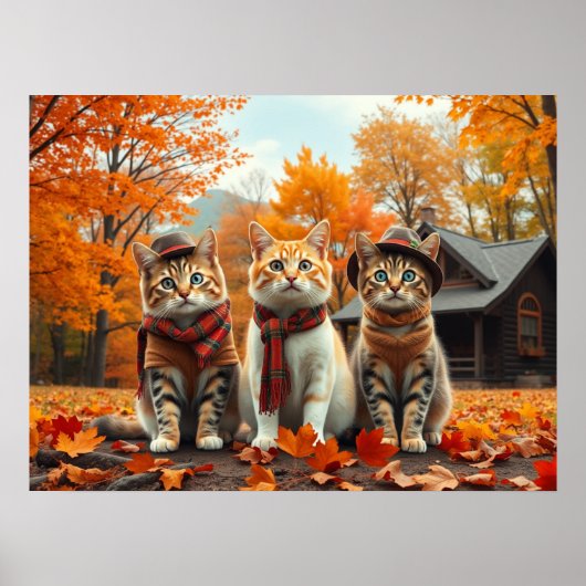 Poster Funny Cats in Preppy Fall Attire and Hats (Devant)
