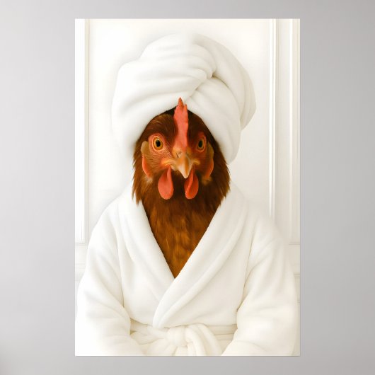 Poster Funny Chicken Bathroom Print, Chicken In Bathrobe (Devant)