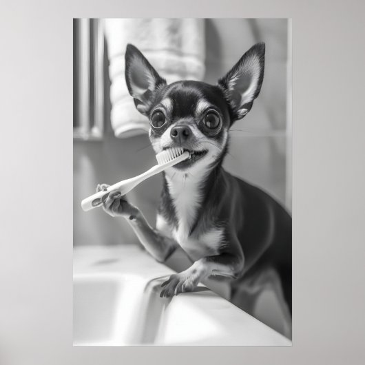 Poster Funny Chihuahua Bathroom Art Print, Brushing Teeth (Devant)