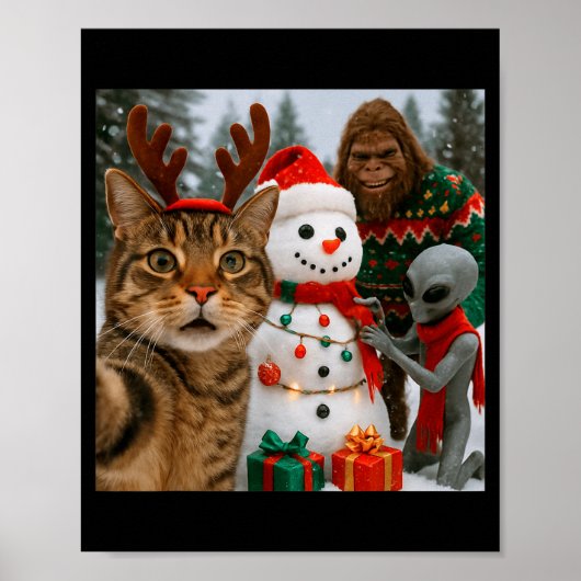 Poster Funny Christmas Cat Selfie With Bigfoot Alien &amp (Devant)