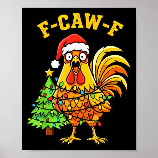 Poster Funny Christmas Chicken Lights Santa Hat F-caw-f (Devant)