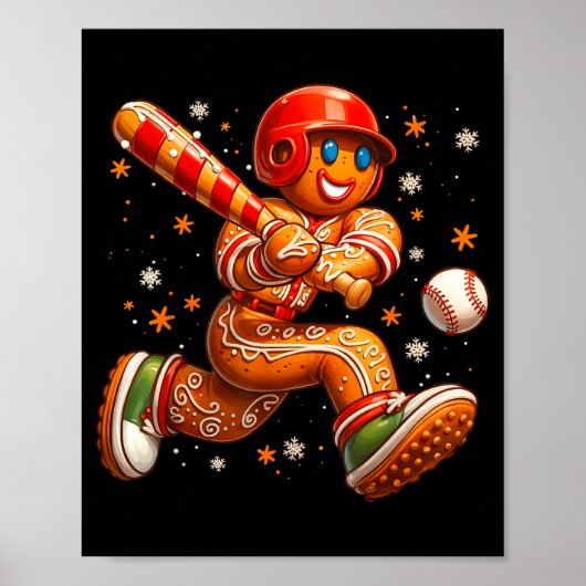 Poster Funny Christmas Gingerbread Man Playing Baseball C (Devant)