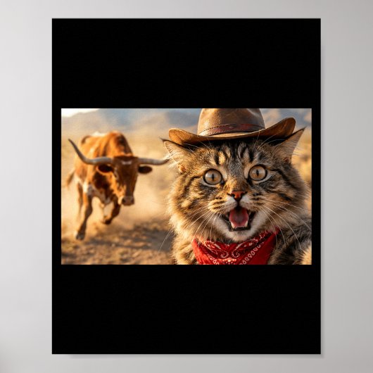 Poster Funny Cowboy Cat Selfie With Charging Bull Western (Devant)