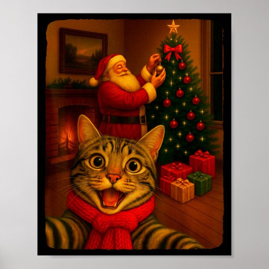 Poster Funny Cute Cat Selfie With Santa Christmas Xmas Wo (Devant)