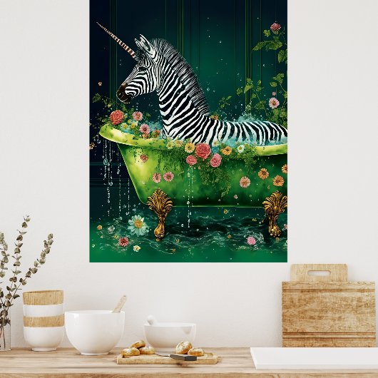 Poster Funny Cute Unicorn Zebra dans une baignoire (Cuisine)