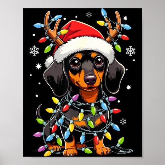 Poster Funny Dachshund Christmas Lights Santa Hat Xmas  (Devant)