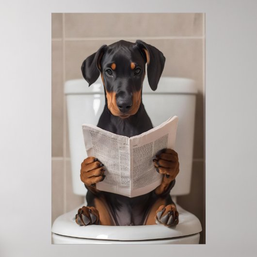 Poster Funny Doberman Bathroom Print, Reading Newspaper (Devant)
