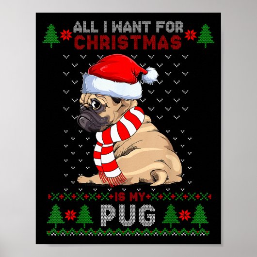Poster Funny Dog Lovers Cute Pug Santa Hat Ugly Christmas (Devant)