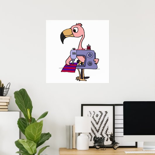 Poster Funny Flamant rose rose avec machine à coudre (Bureau à domicile)