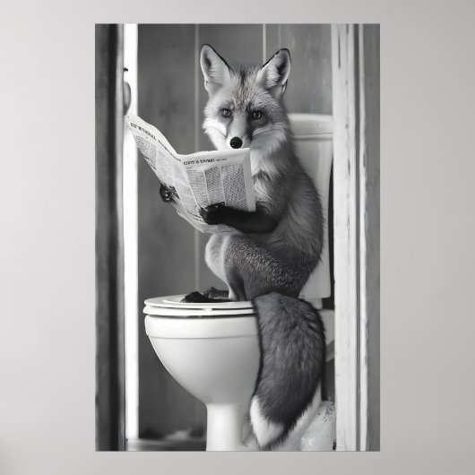 Poster Funny Fox Bathroom Print, Reading Newspaper (Devant)