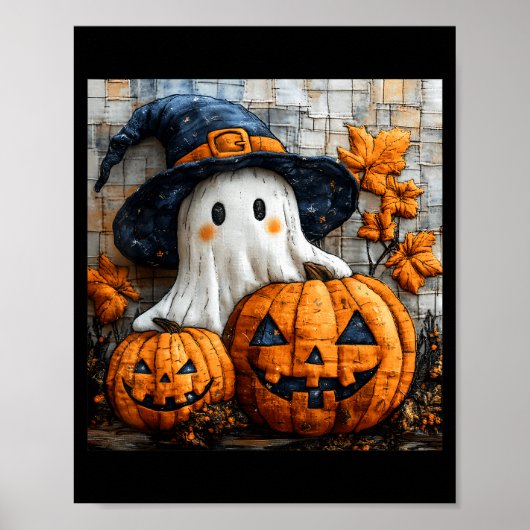 Poster Funny Ghost Pumpkin Cute Halloween Patchwork Art (Devant)