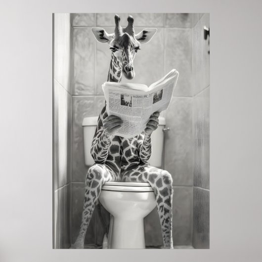 Poster Funny Giraffe Bathroom Print, Reading Newspaper (Devant)